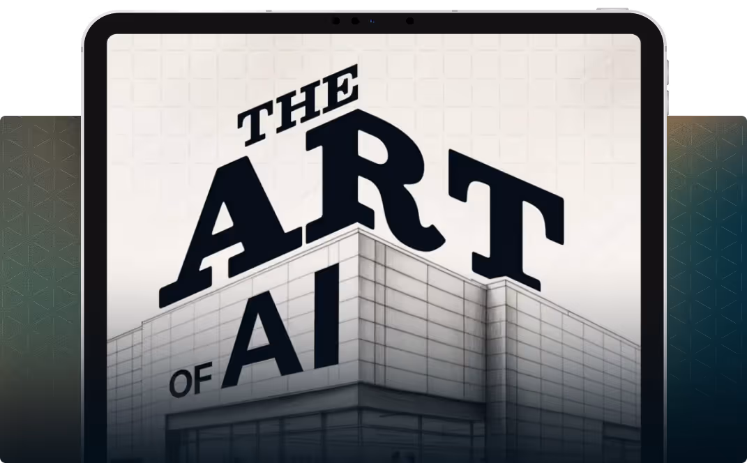 Tablet screen displaying a stylized building corner with bold text reading 'The Art of AI'.