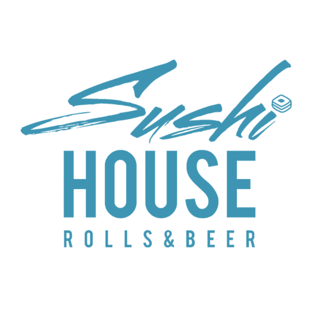 Logo for Sushi House featuring the text 'Sushi' in stylized script above 'HOUSE' and 'ROLLS & BEER' in capital letters.