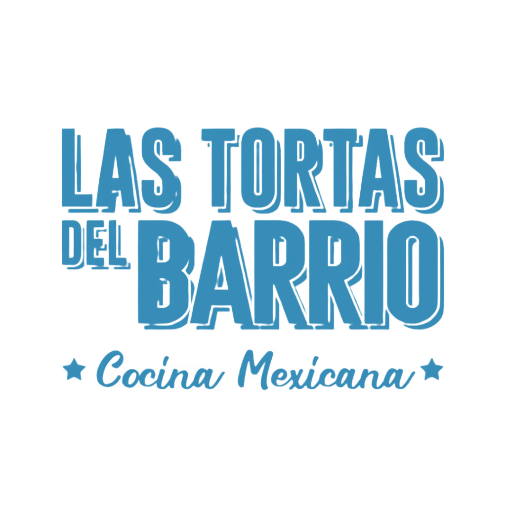 Logo with text 'Las Tortas del Barrio' in bold blue letters and 'Cocina Mexicana' below with stars on each side.