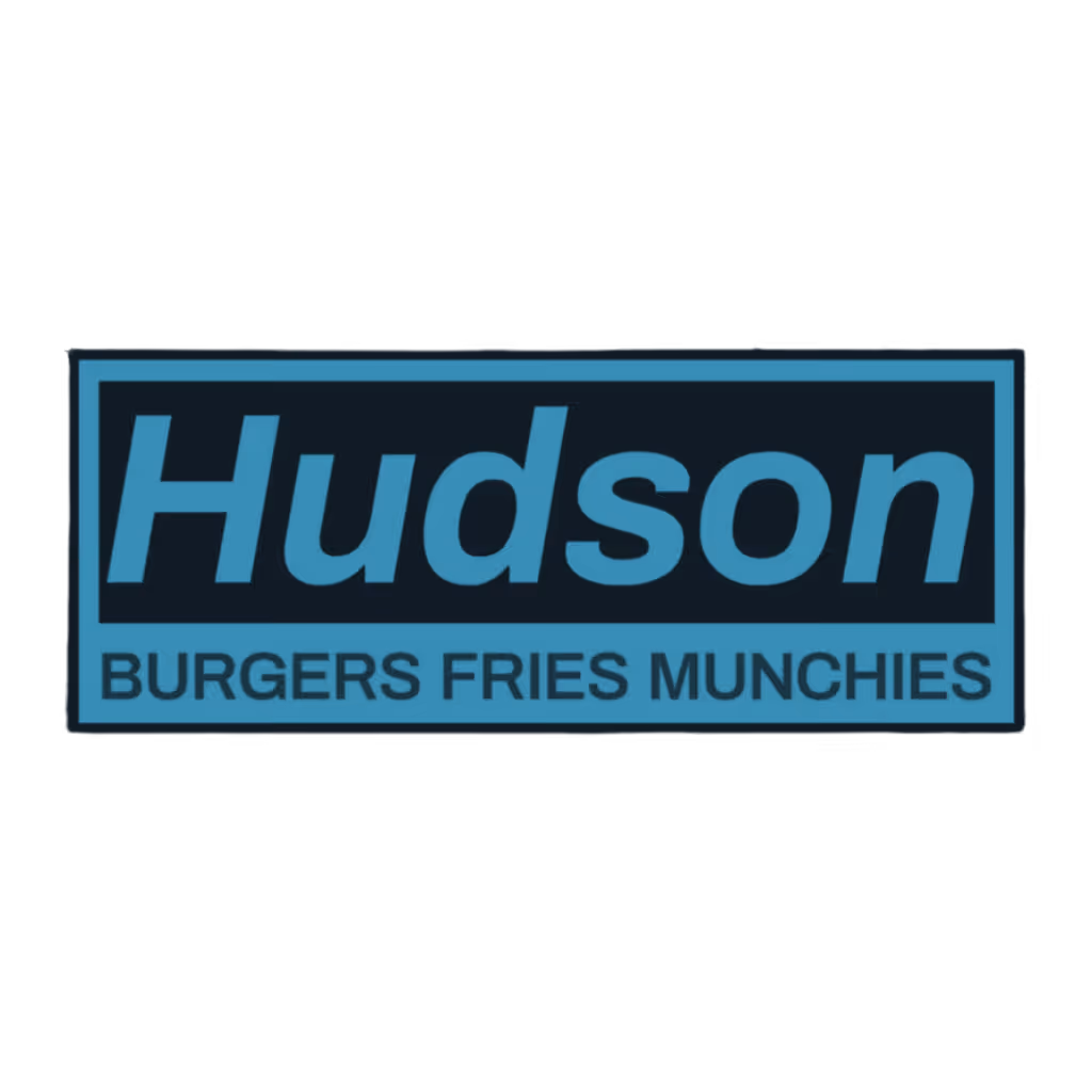Hudson logo with the words BURGERS FRIES MUNCHIES below in a blue and black rectangular design.