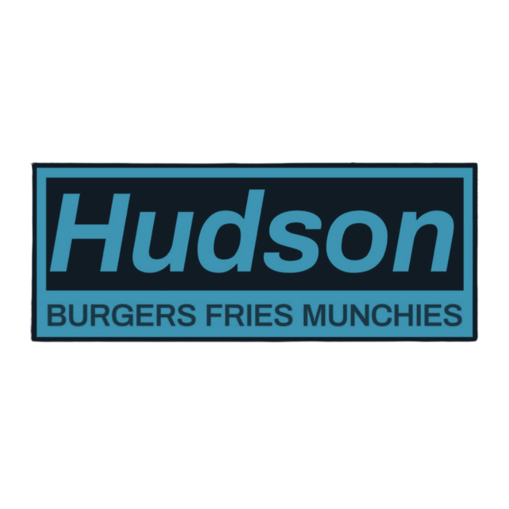 Hudson restaurant logo with text 'BURGERS FRIES MUNCHIES' in a blue rectangular frame.