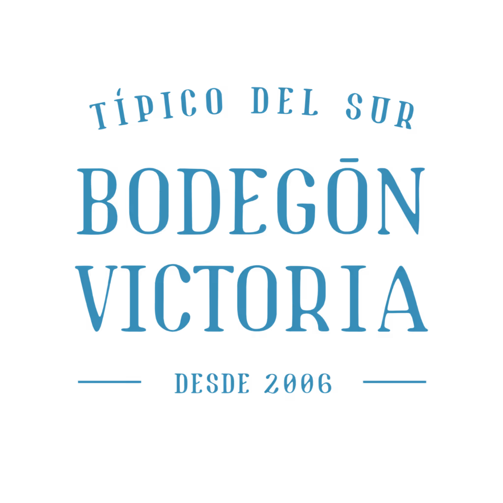 Logo with the text 'Típico del Sur Bodegón Victoria Desde 2006' in blue stylized font on a black background.