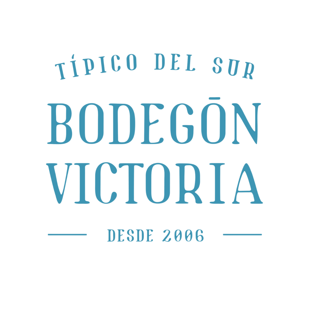 Blue text logo reading Típico del Sur Bodegón Victoria Desde 2006 on black background.