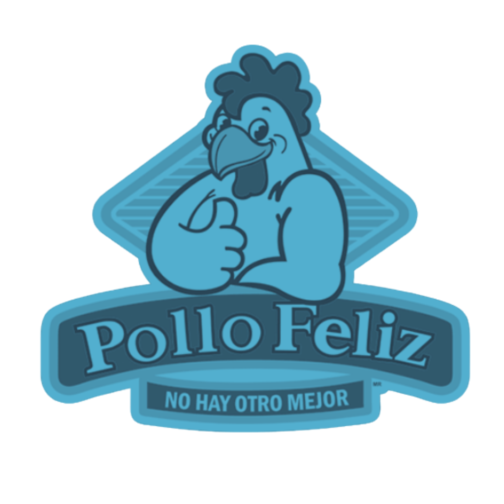 Cartoon muscular chicken giving a thumbs up with text 'Pollo Feliz' and 'No Hay Otro Mejor'.