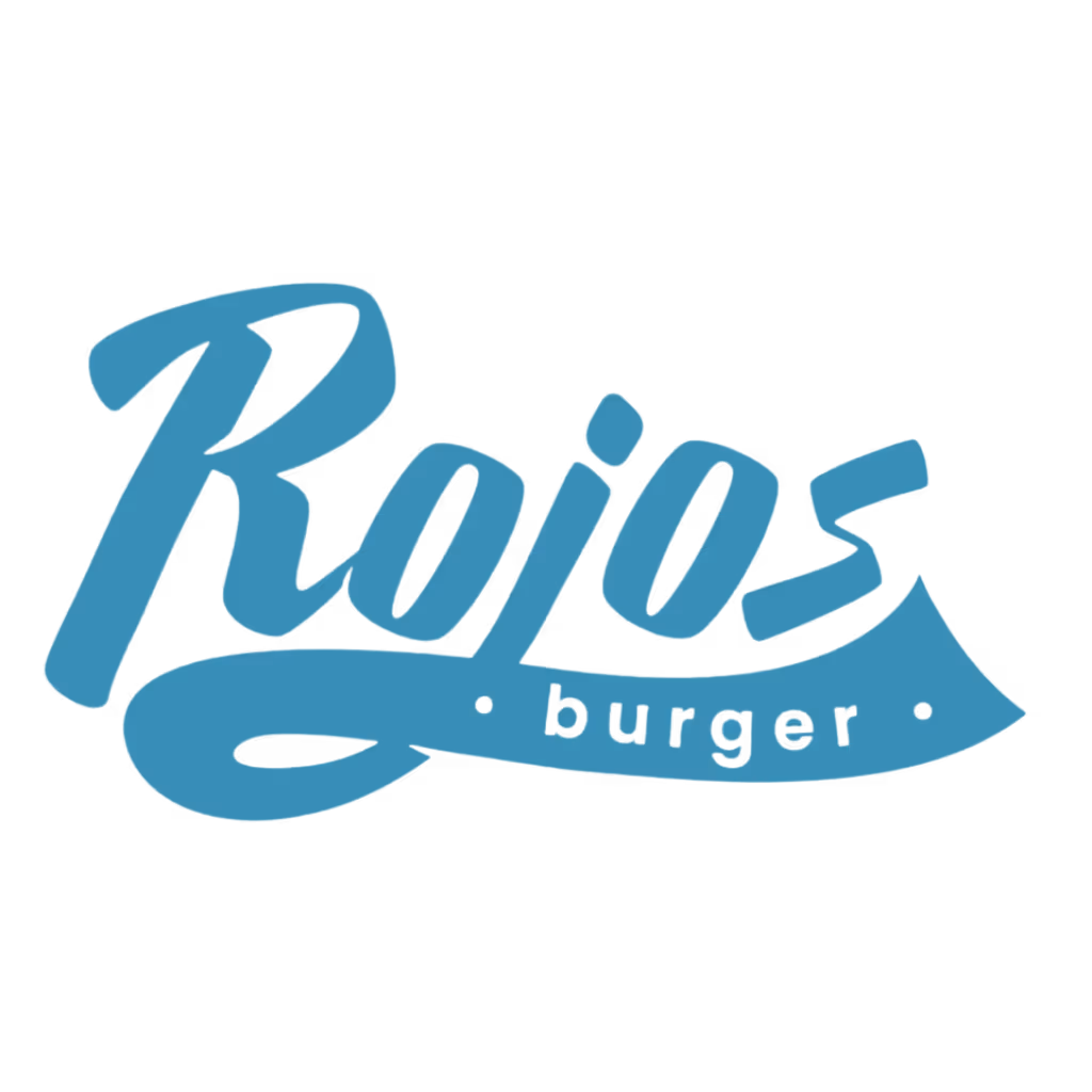 Rojos Burger logo with 'Rojos' in large cursive text and 'burger' in smaller lowercase letters below.