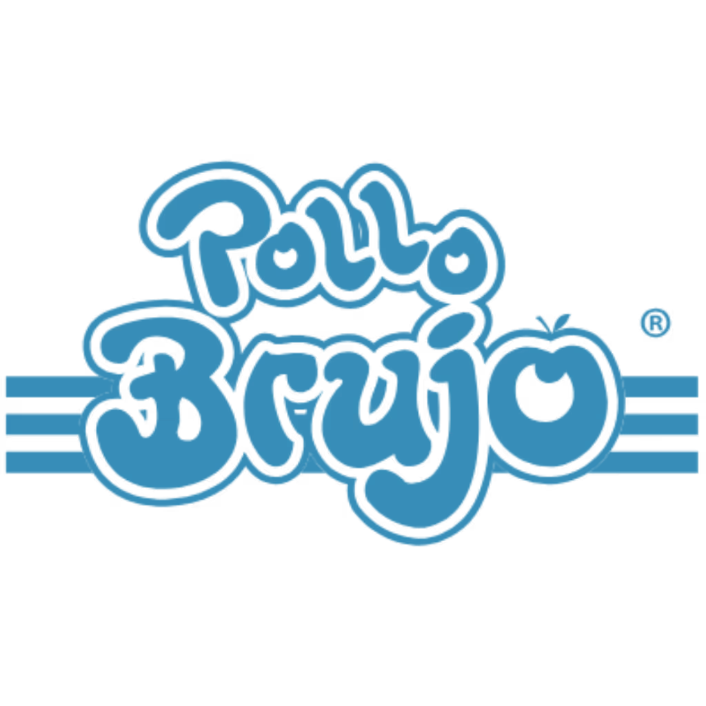 Blue stylized text logo reading 'Pollo Brujo' with two horizontal lines extending from each side of the word Brujo.