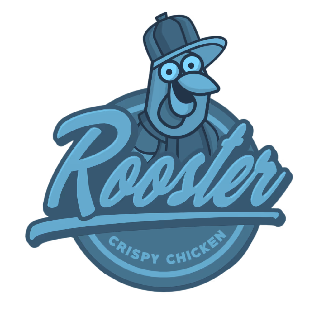 Logo of a cartoon rooster wearing a baseball cap above the stylized word 'Rooster' with 'Crispy Chicken' in a circle below.