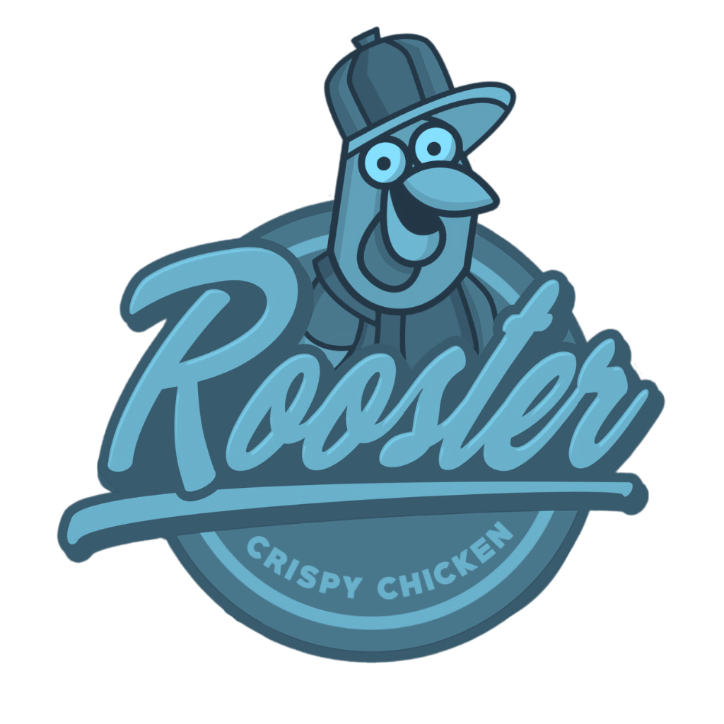 Blue logo featuring a cheerful cartoon rooster wearing a baseball cap with the text 'Rooster' in large script and 'Crispy Chicken' below in a circular badge.