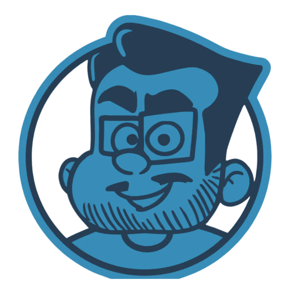 Cartoon male face with glasses, a beard, and short hair inside a circular frame in blue tones.