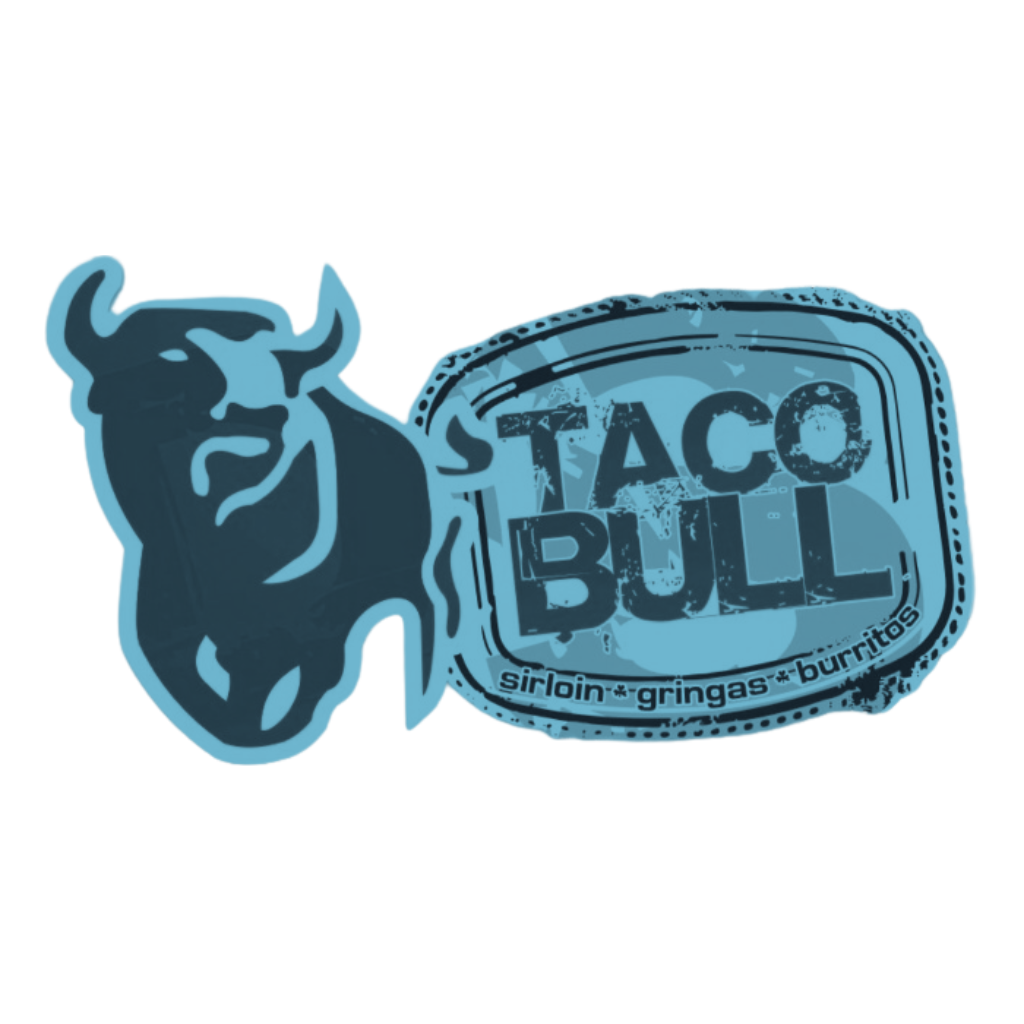 Logo with a stylized bull head next to text reading 'TACO BULL' and smaller text 'sirloin * gringas * burritos'.