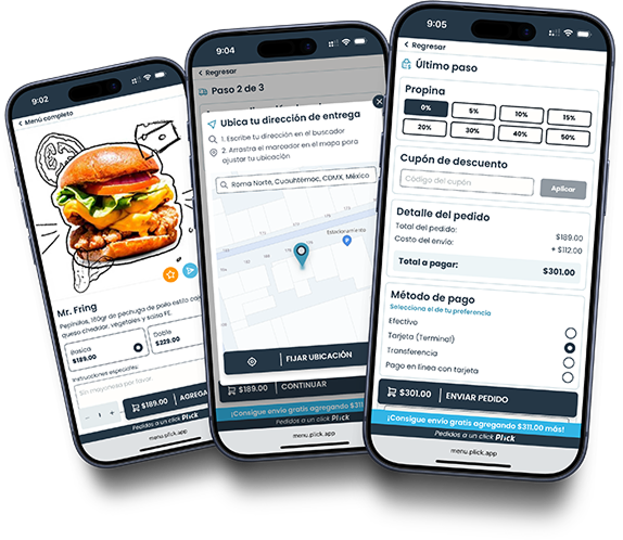 Three smartphones displaying a food delivery app with a burger menu, delivery address map, and order checkout screen in Spanish.