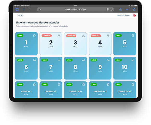 Tablet screen showing a table selection interface with tables labeled 1 to 10 and areas Barra and Terraza, with status indicators 'Libre' in green and 'Ocupada' in red.
