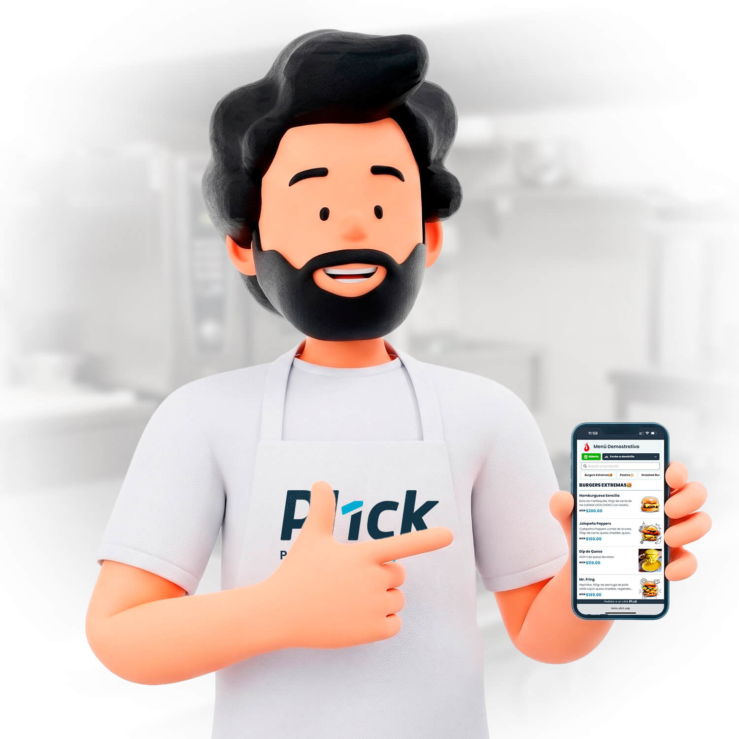 Hand holding smartphone showing a menu app with burger listings, with plates of food and drinks on a wooden table in the background.