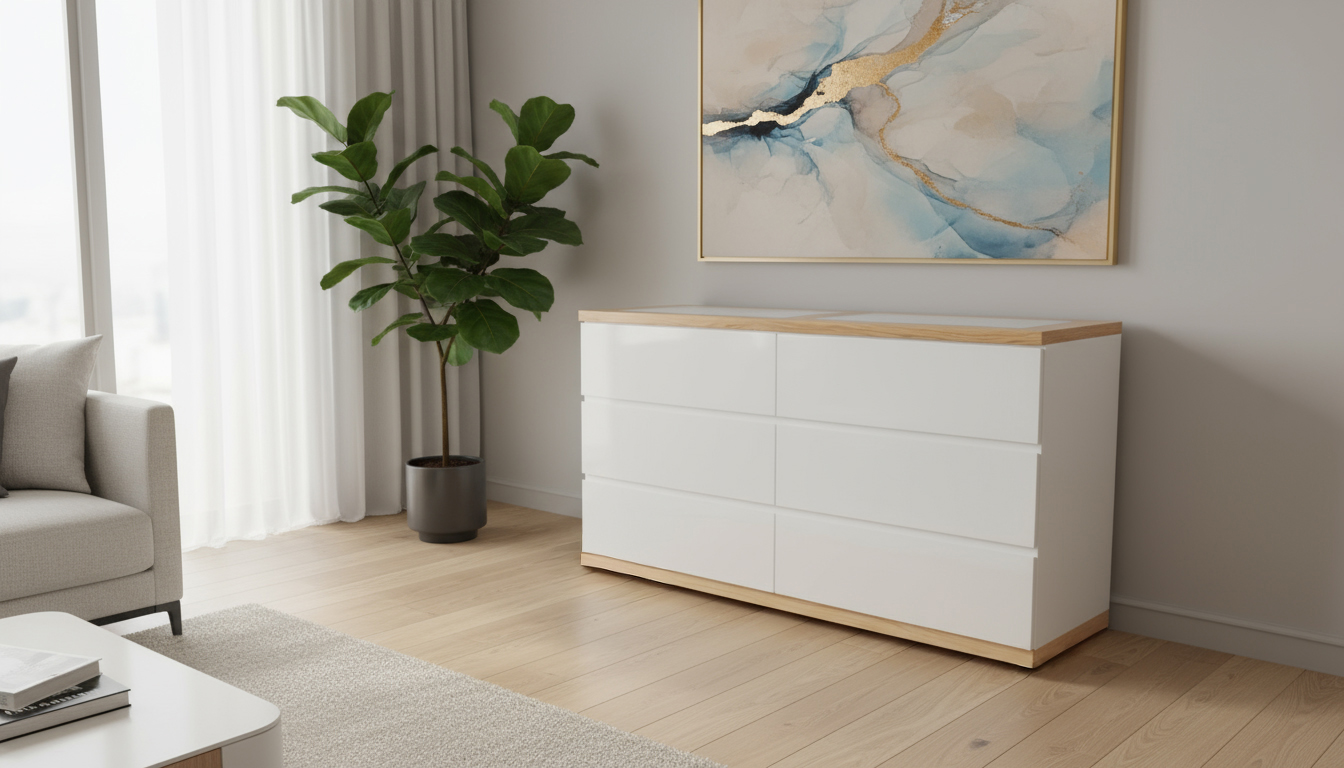 Modern living room corner with a white and wood dresser, a potted green plant, and a large abstract painting on a beige wall.