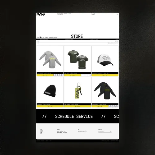 Online store page displaying apparel and gear including crewneck sweatshirts, t-shirts, trucker hats, beanies, and keychains with Precision Autoworks branding.