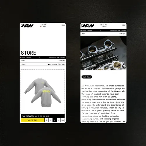 Two mobile phone screens showing the PAW online store with a grey crewneck sweatshirt available for $50 and an About page describing the Precision Autoworks garage services.