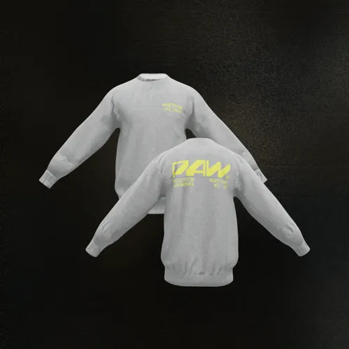 Gray sweatshirt with yellow text on front chest and large yellow logo on back.