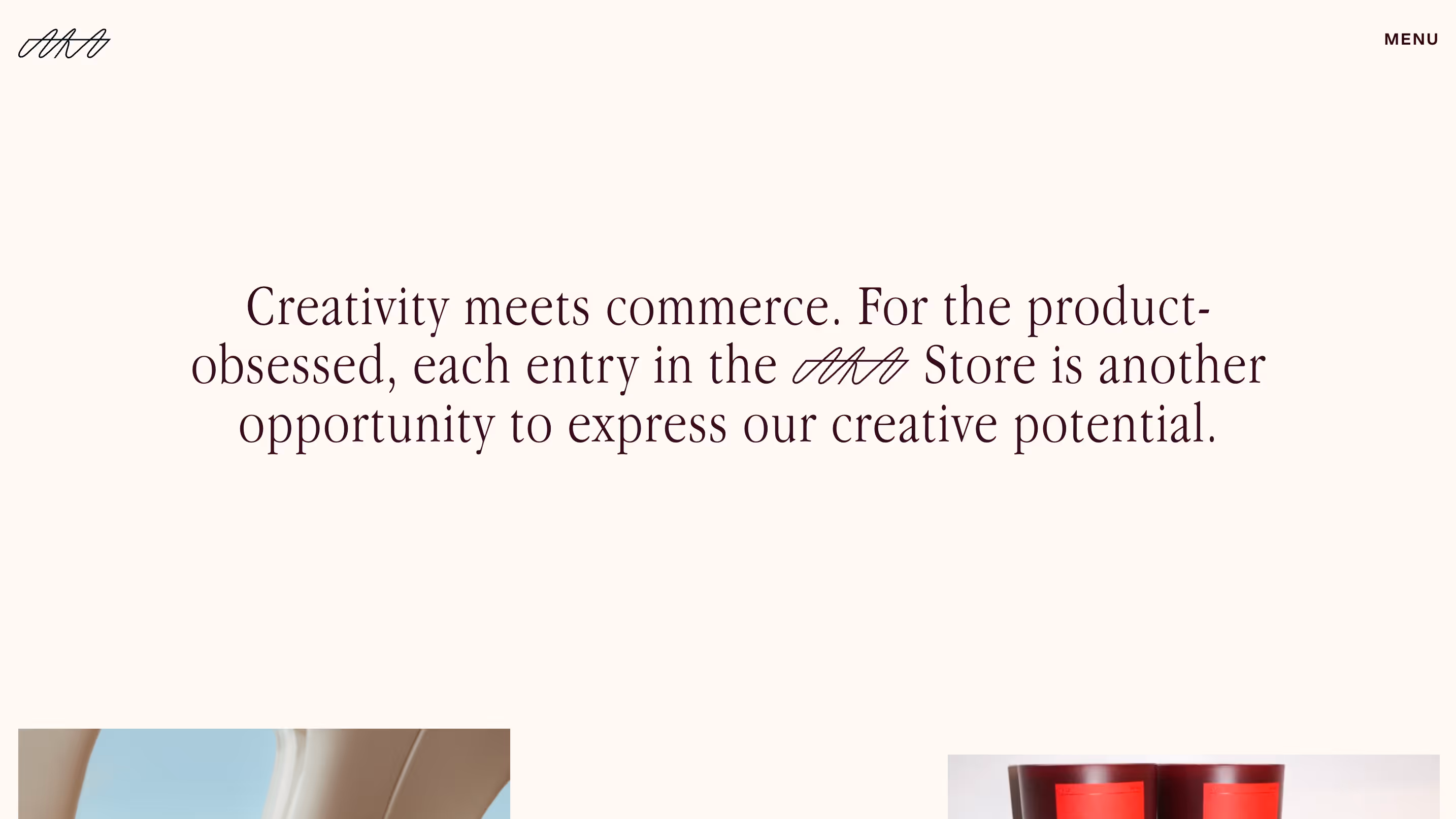 Text on cream background stating creativity meets commerce with a stylized logo and menu option in corners.