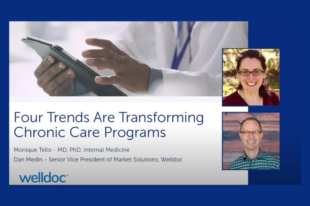 Presentation slide featuring Monique Tello and Dan Medin discussing chronic care program trends.