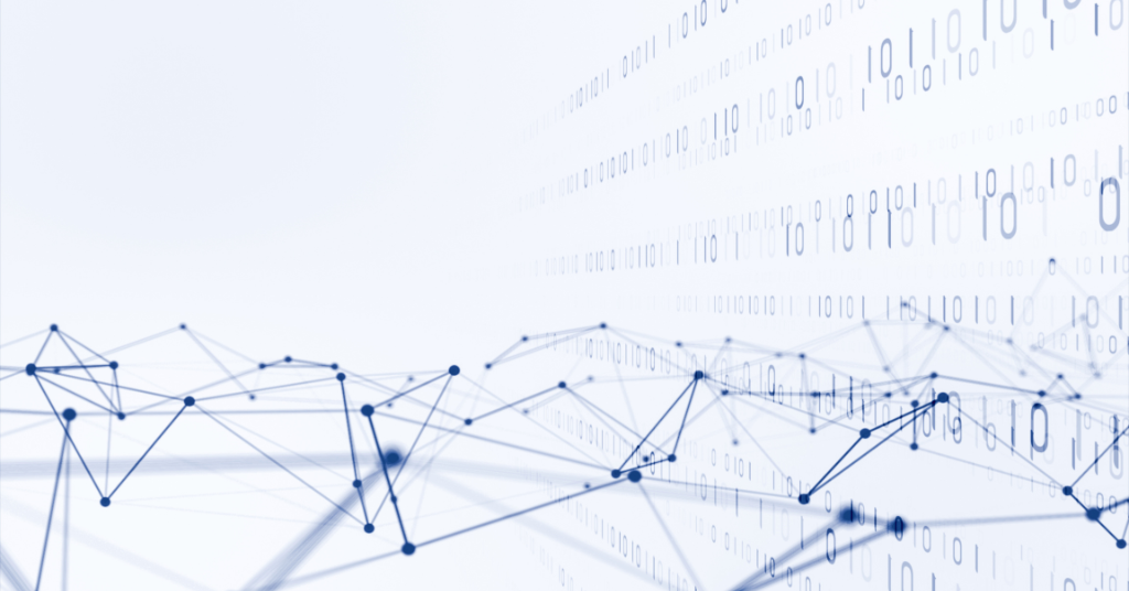 Abstract representation of data flow with binary code and network connections, symbolizing AI and
