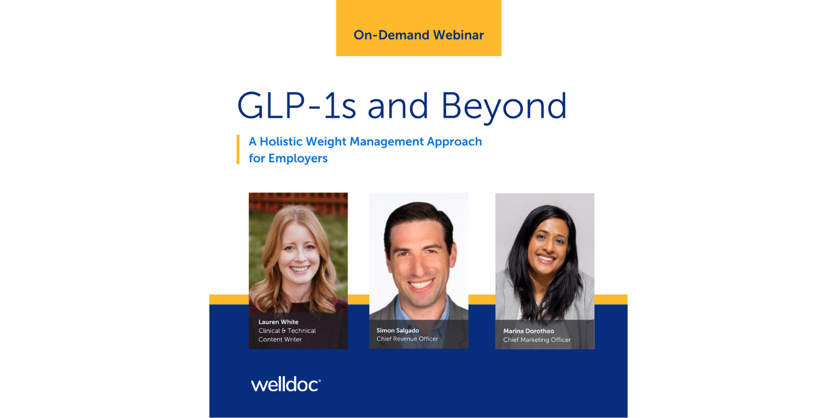 On-demand webinar title: "GLP-1s and Beyond" with speakers Laura White, Simone Sidhu, and Marisa