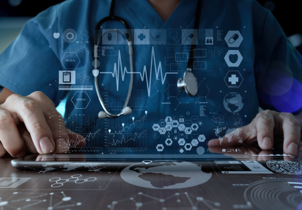 Healthcare professional interacting with a tablet, overlay of medical data and health icons visible.