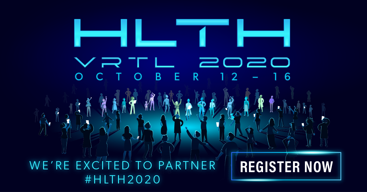 HLTH VRTL 2020 event promotion with silhouettes of people and text about registration and