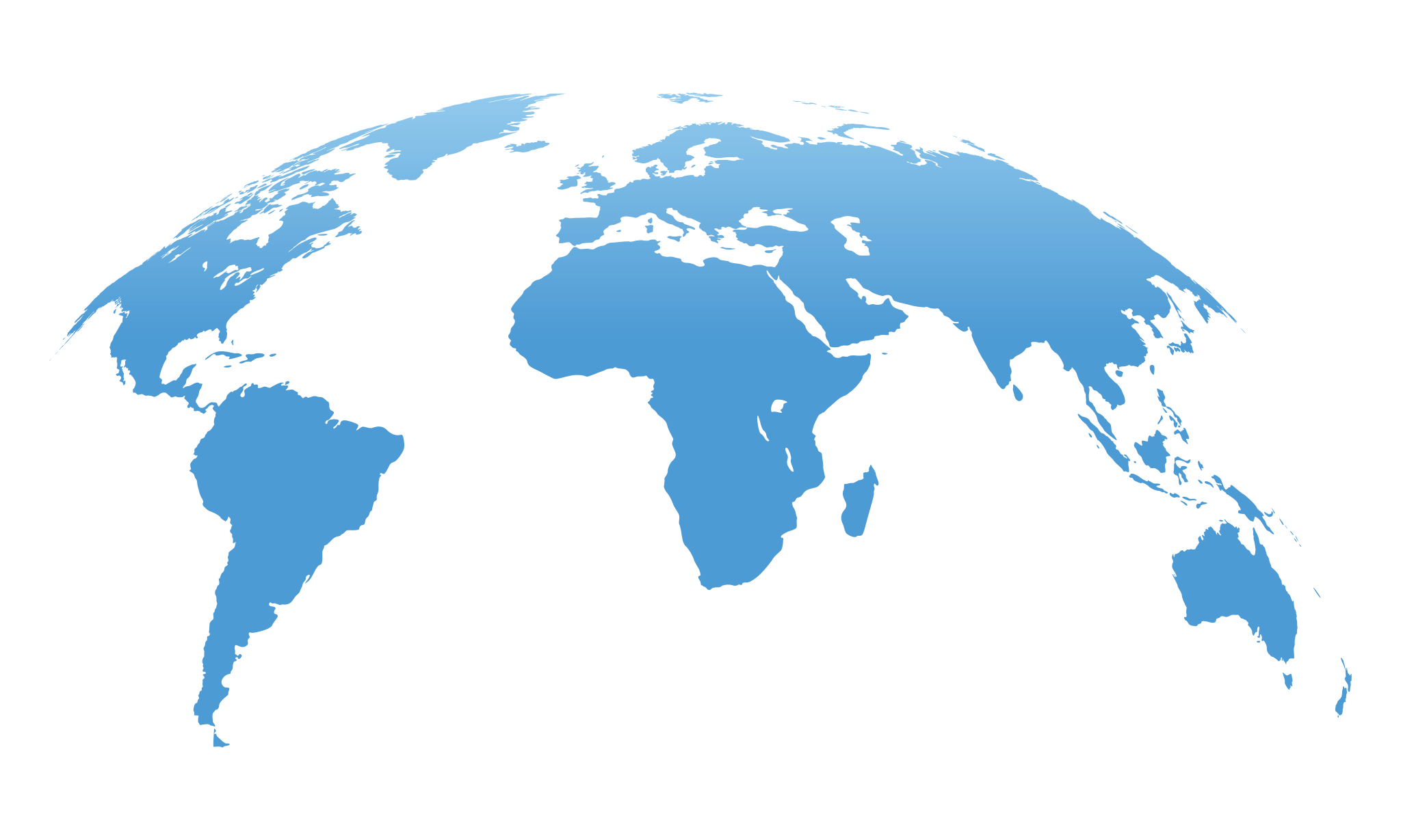 World map in light blue with continents and countries outlined in white, shown from a global