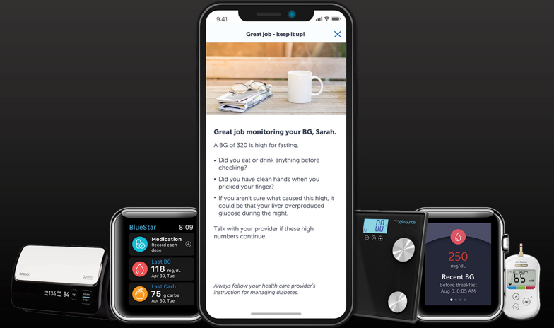 Screenshots of a mobile app and various health devices focused on blood glucose monitoring.