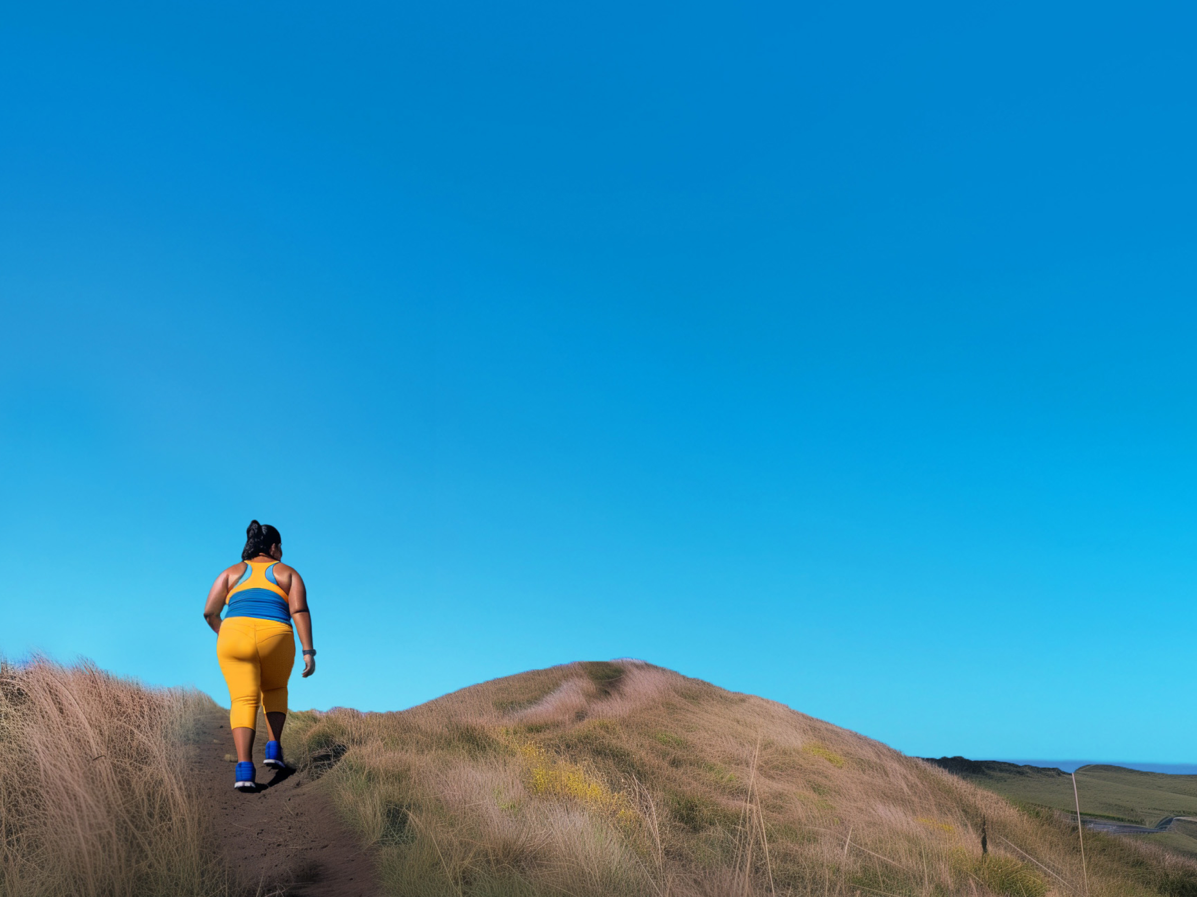 A person in activewear climbs a grassy hill under a clear blue sky, promoting fitness.
