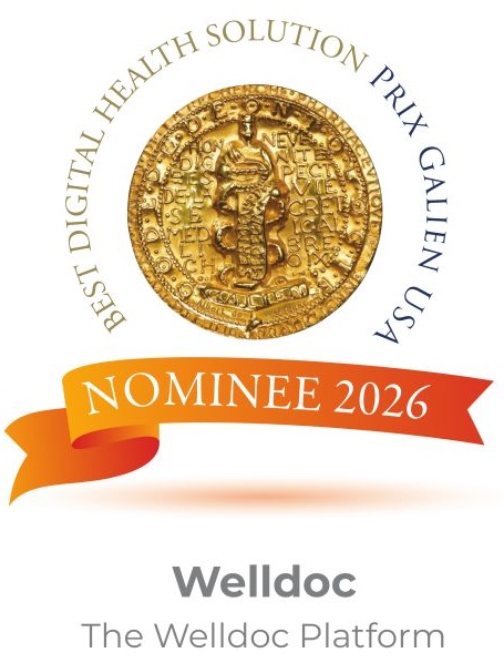 Welldoc 2026 Prix Galien USA nominee for Best Digital Health Solution, featuring a gold medal.