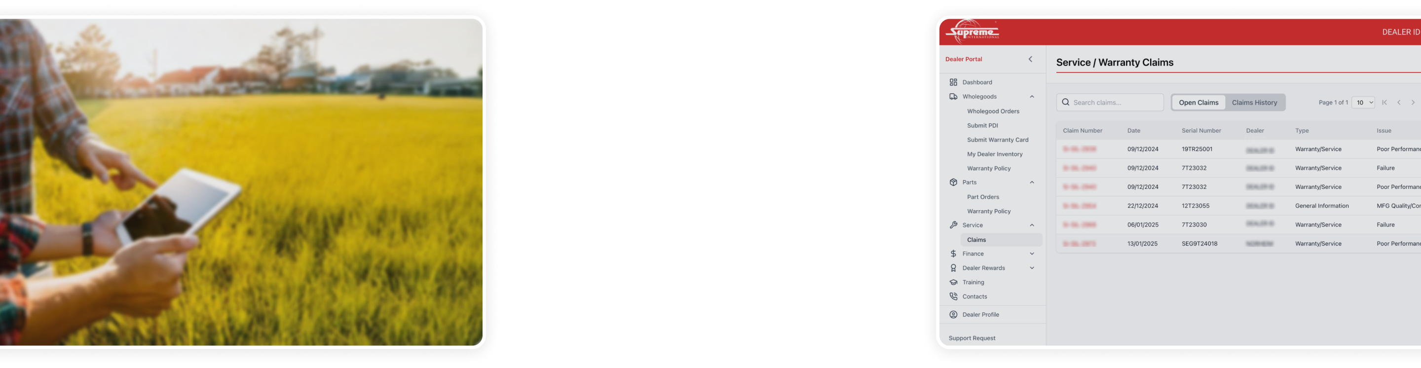 Person using a tablet in a sunny field next to a Service/Warranty Claims dashboard screen from Supreme International.