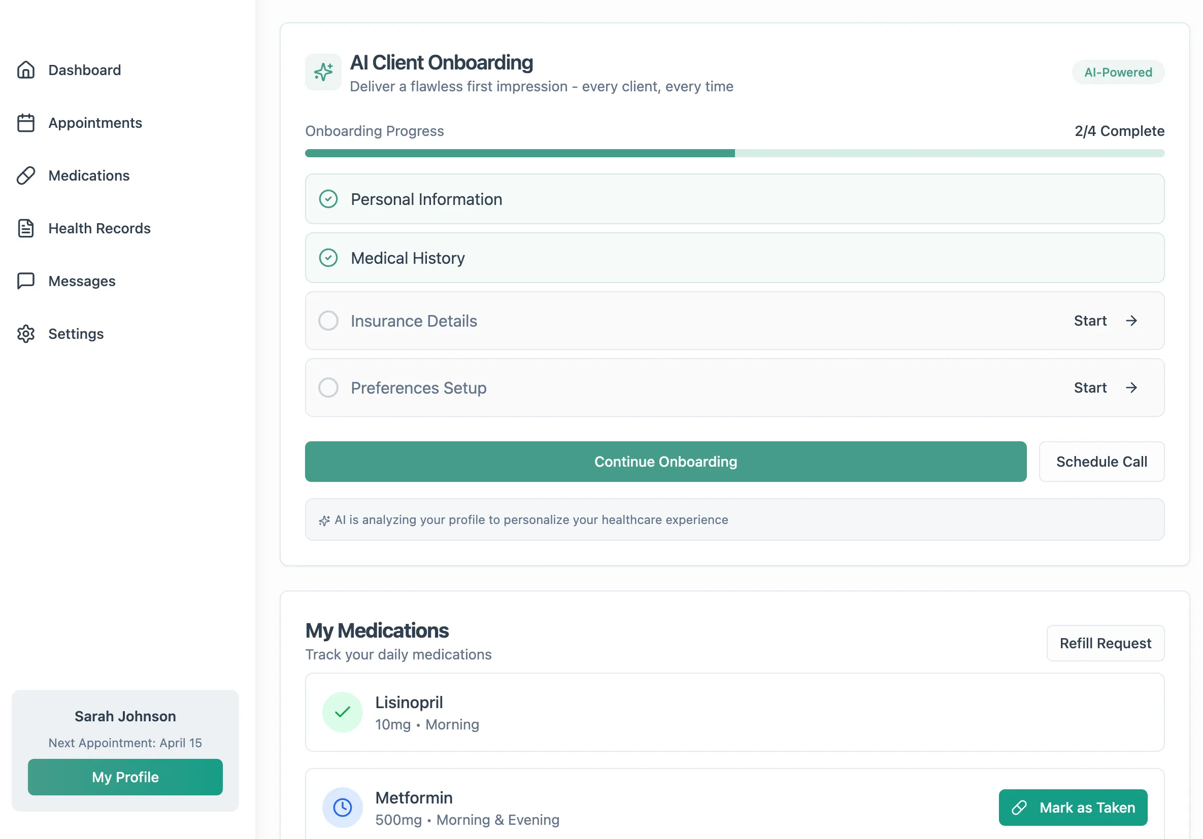 Dashboard interface showing AI client onboarding progress at 2 of 4 complete, personal info and medical history completed, insurance details and preferences to start, and a medications section with Lisinopril 10mg and Metformin 500mg listed.