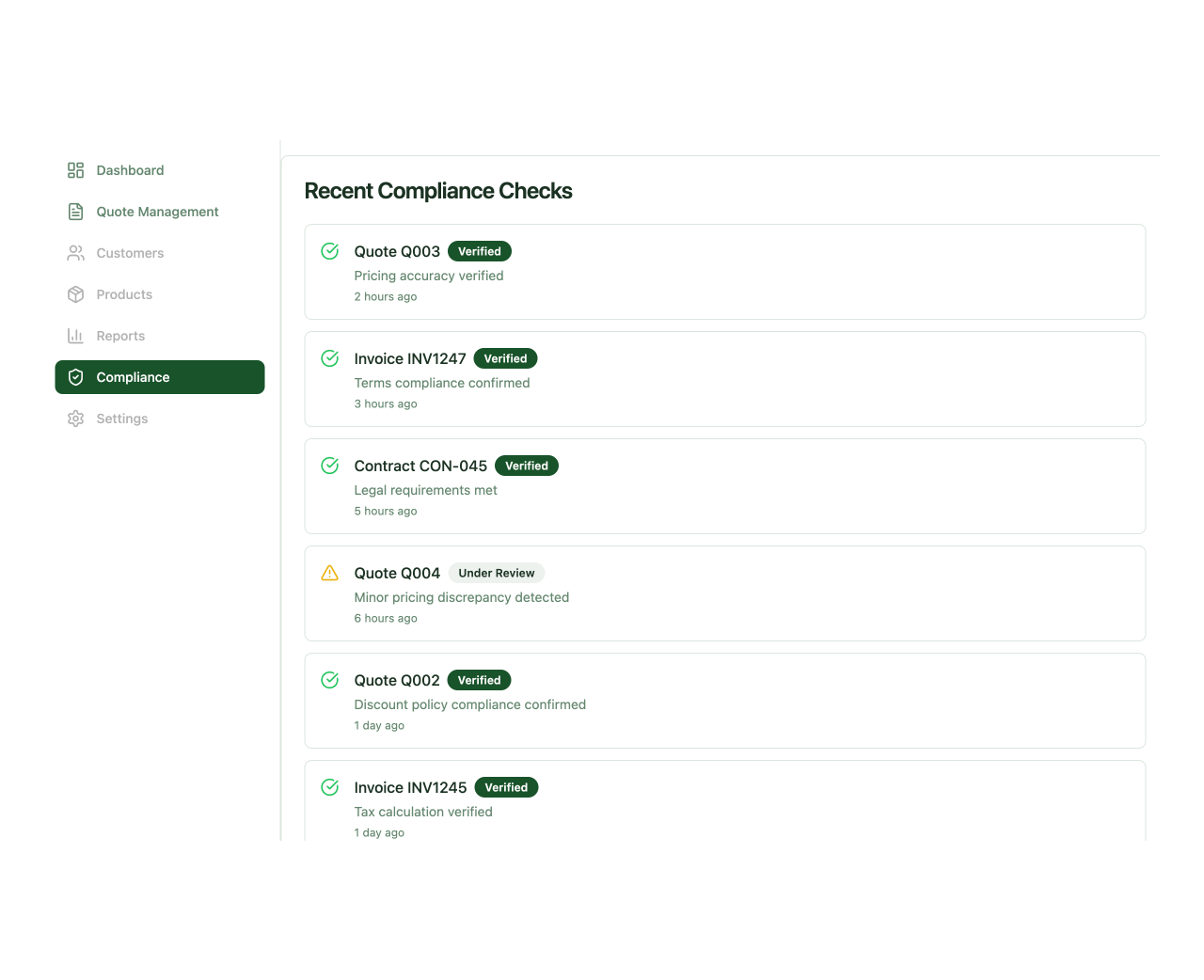Dashboard interface showing recent compliance checks with verified quotes, invoices, contracts, and one under review item.