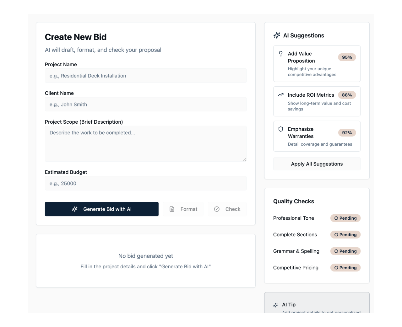 User interface for creating a new bid with fields for project name, client name, project scope, estimated budget, AI suggestions with completion percentages, and quality checks marked as pending.