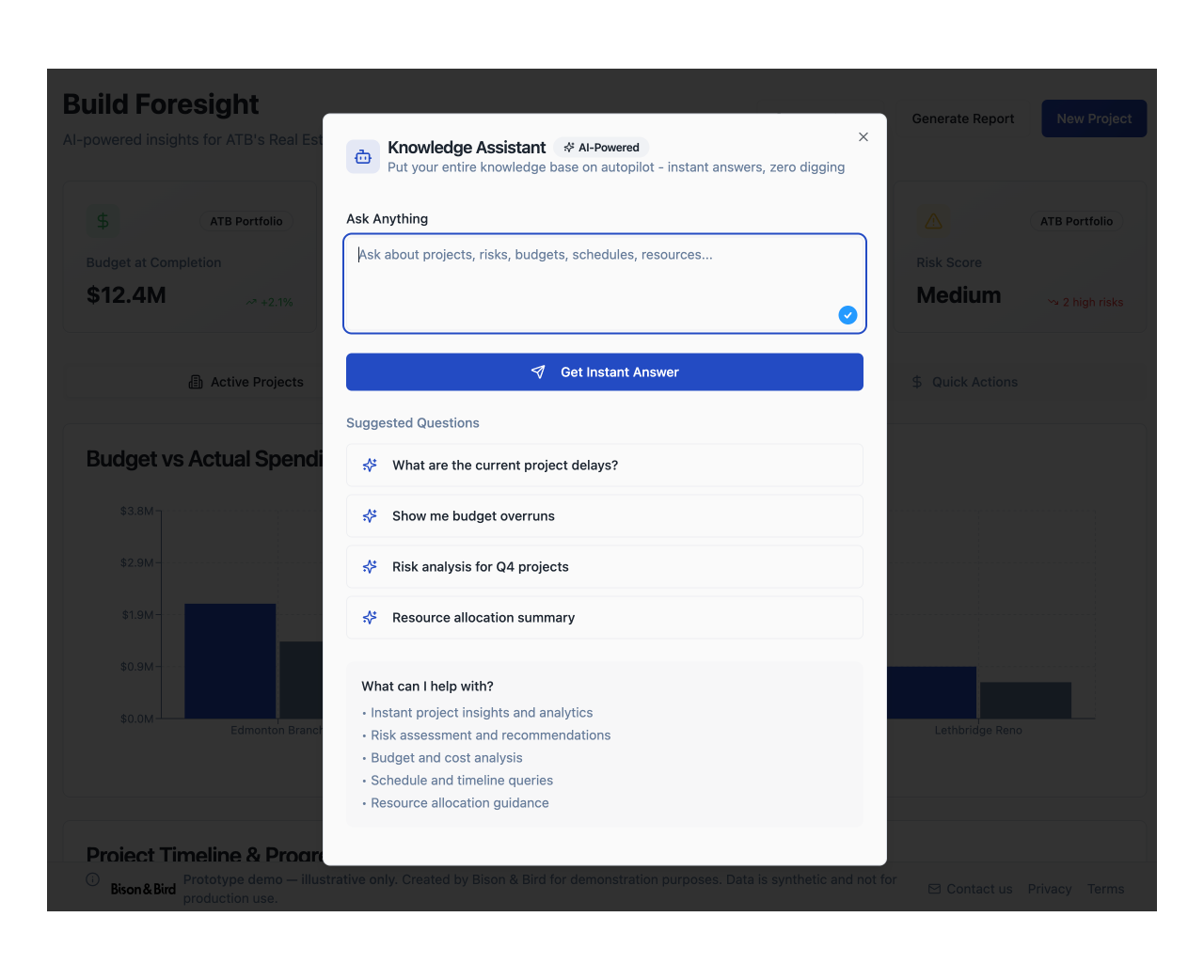 User interface of an AI-powered Knowledge Assistant with a text input box for project-related queries, a Get Instant Answer button, suggested questions on projects, budgets, risks, and resource allocation, and a help section listing available insights and analytics services.
