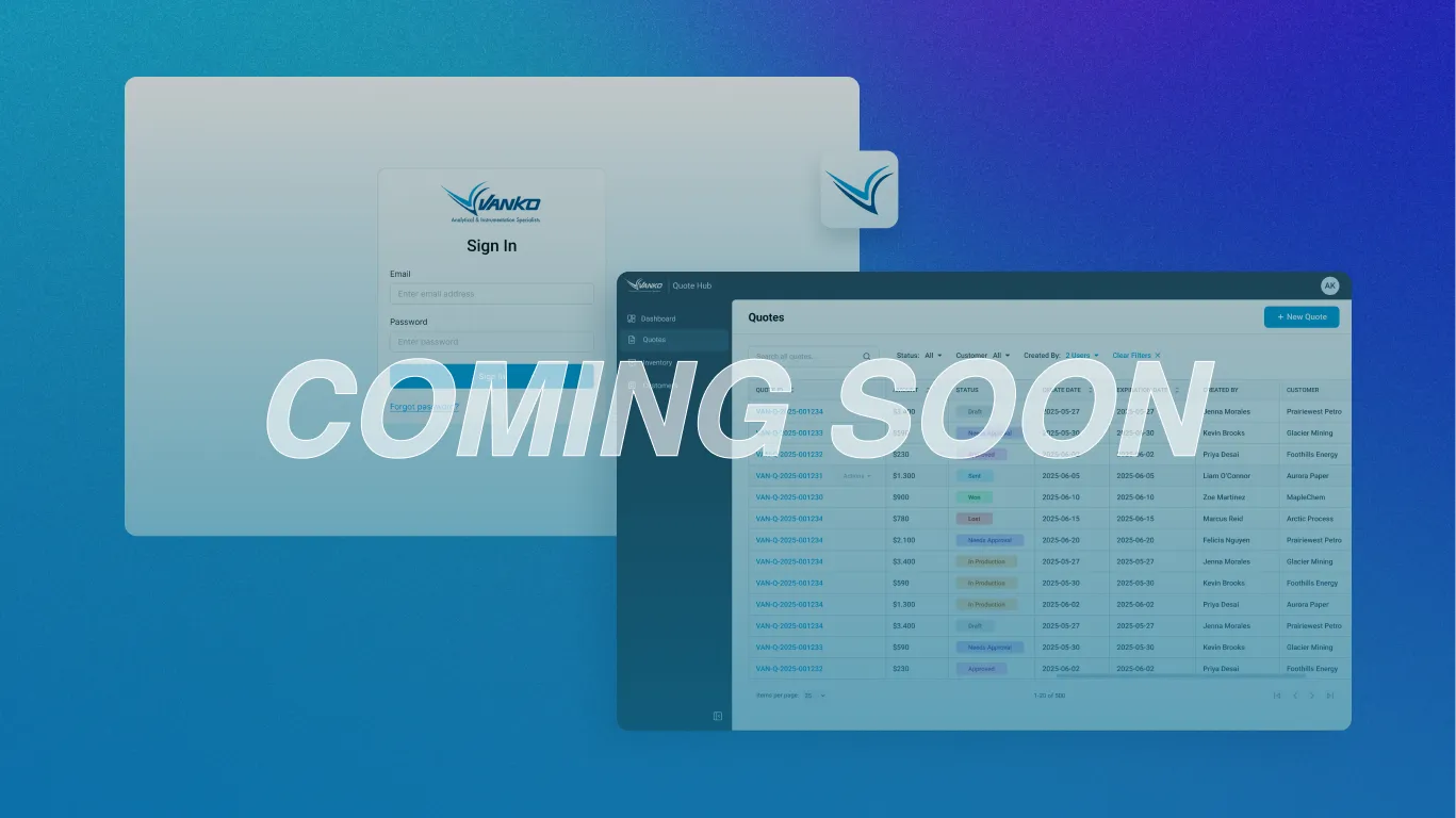 User interface mockup with Vanko company sign-in page and quote management dashboard overlay, labeled 'COMING SOON'.