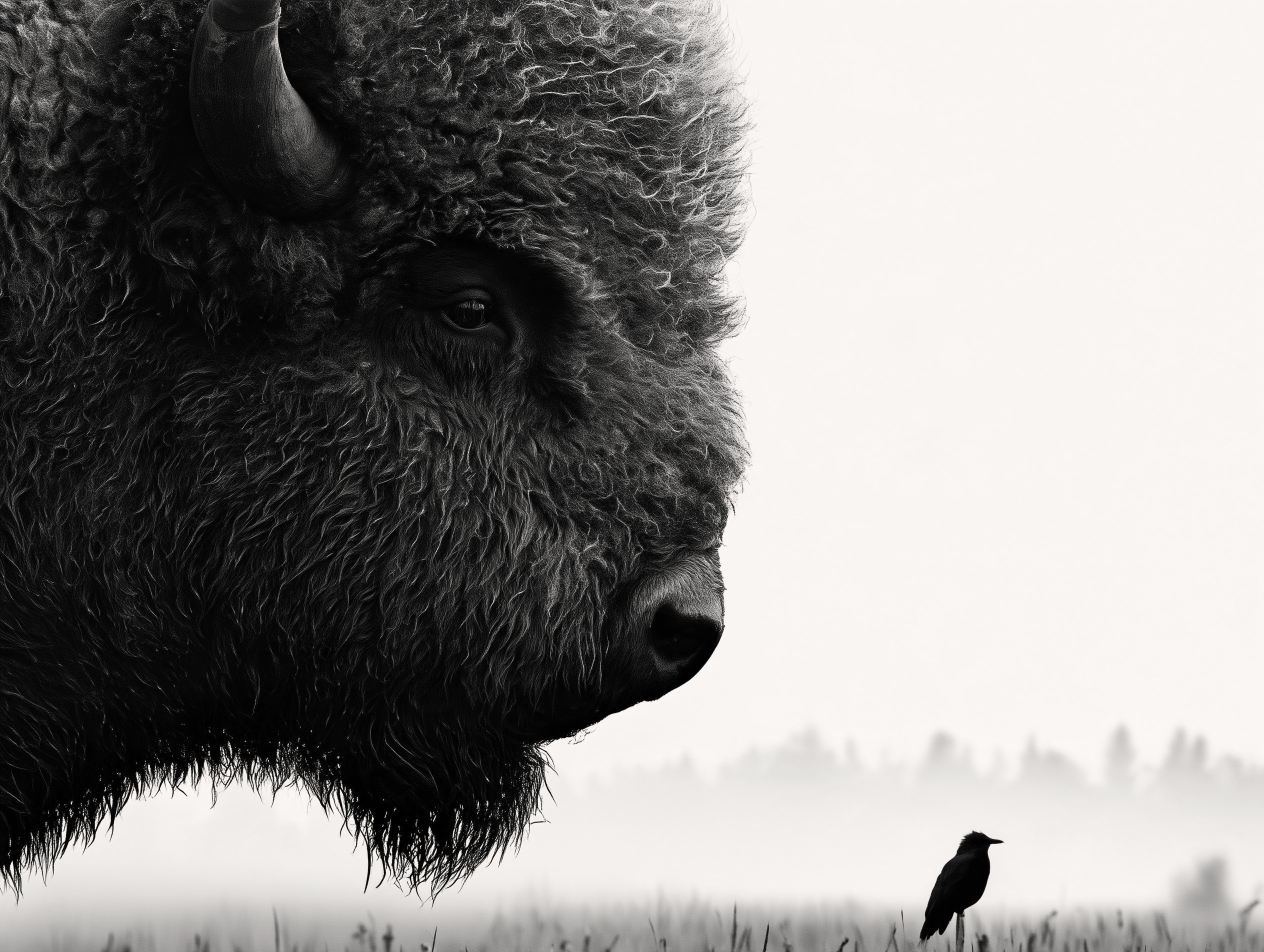 A bison in profile against a pale prairie sky; a small bird stands in the grass.