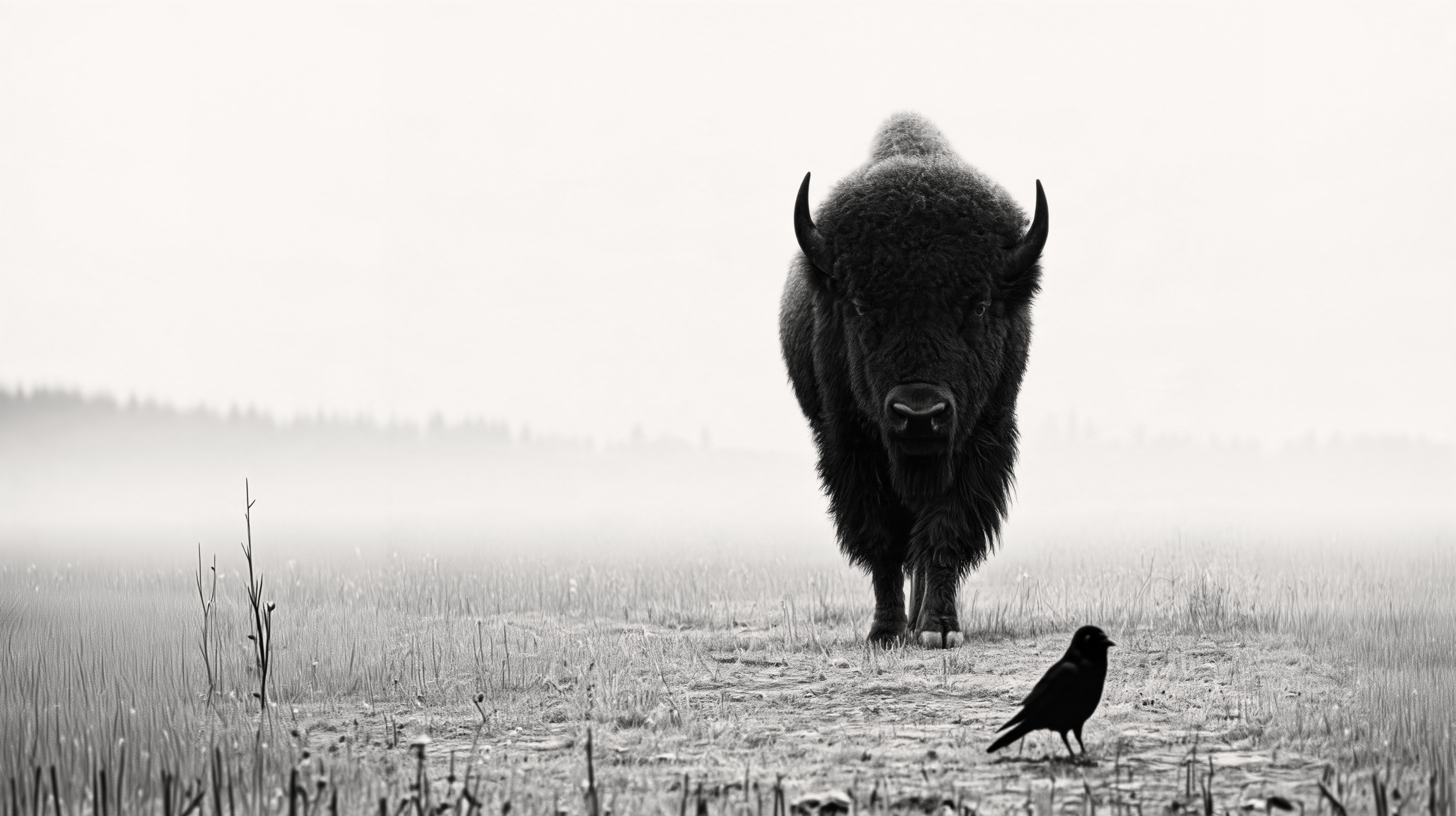 A bison walking toward the camera across a frosted field, a crow standing in the grass in front of it; open fog and a tree line to the left.