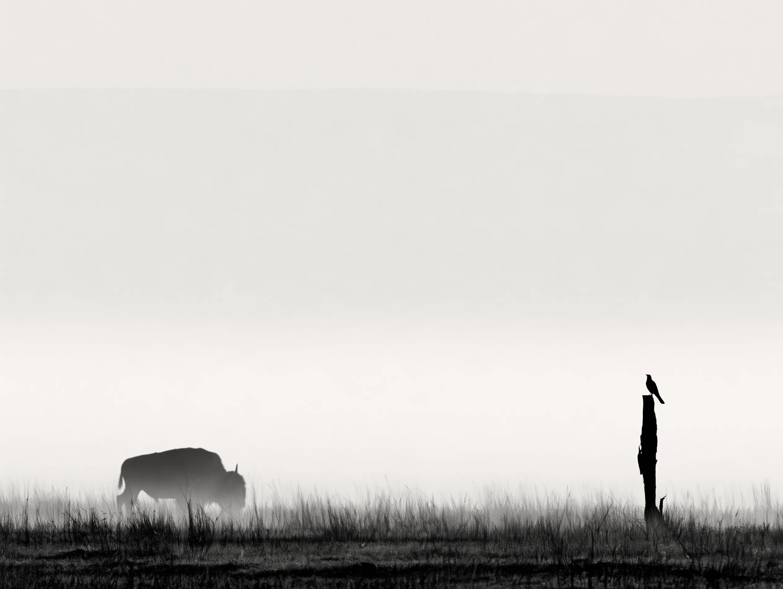 A bison grazing in prairie mist, a small bird perched on a post at the right.