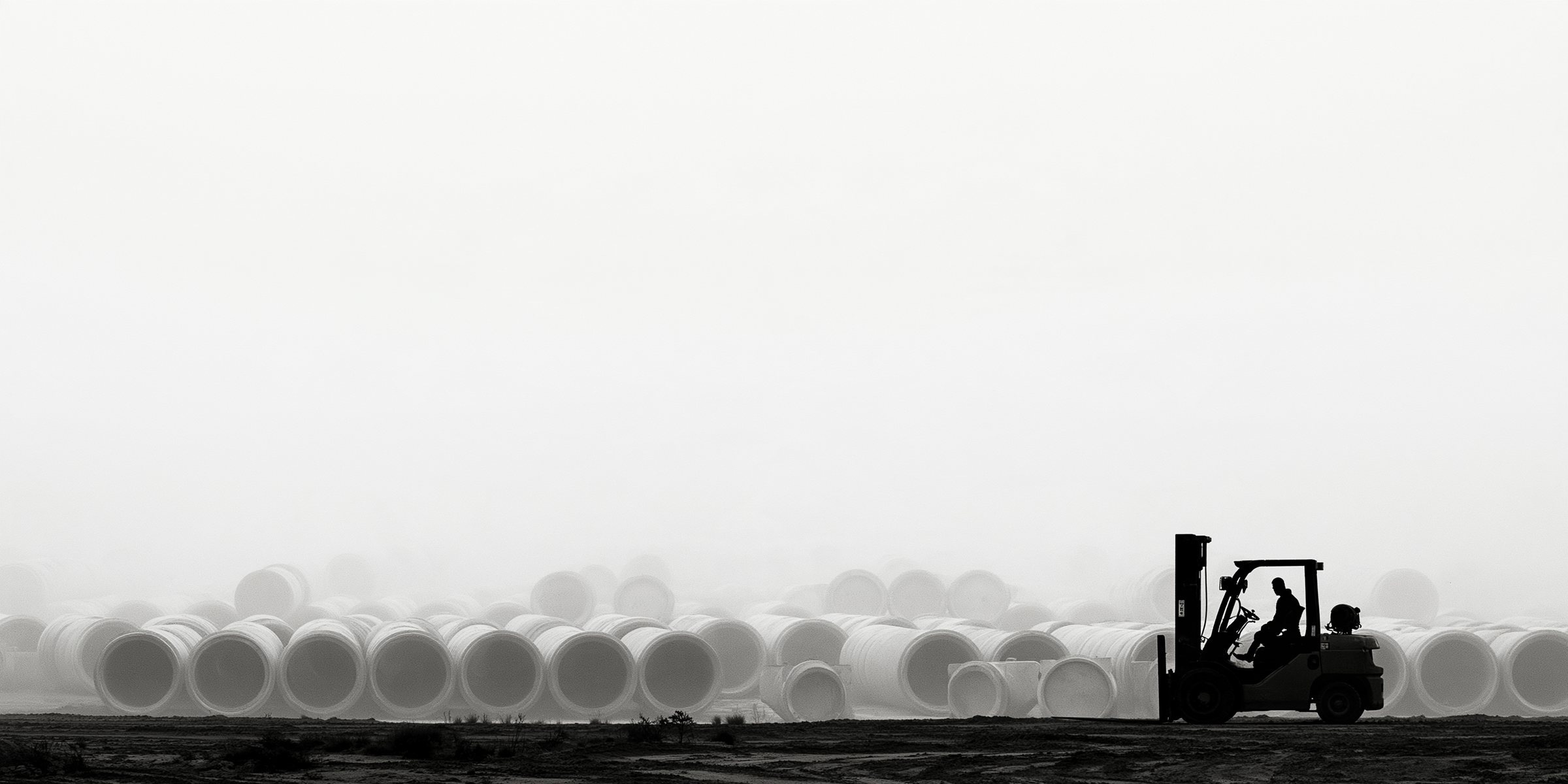 A forklift operator working in a pipe yard under a hazy sky, rows of large white pipe behind