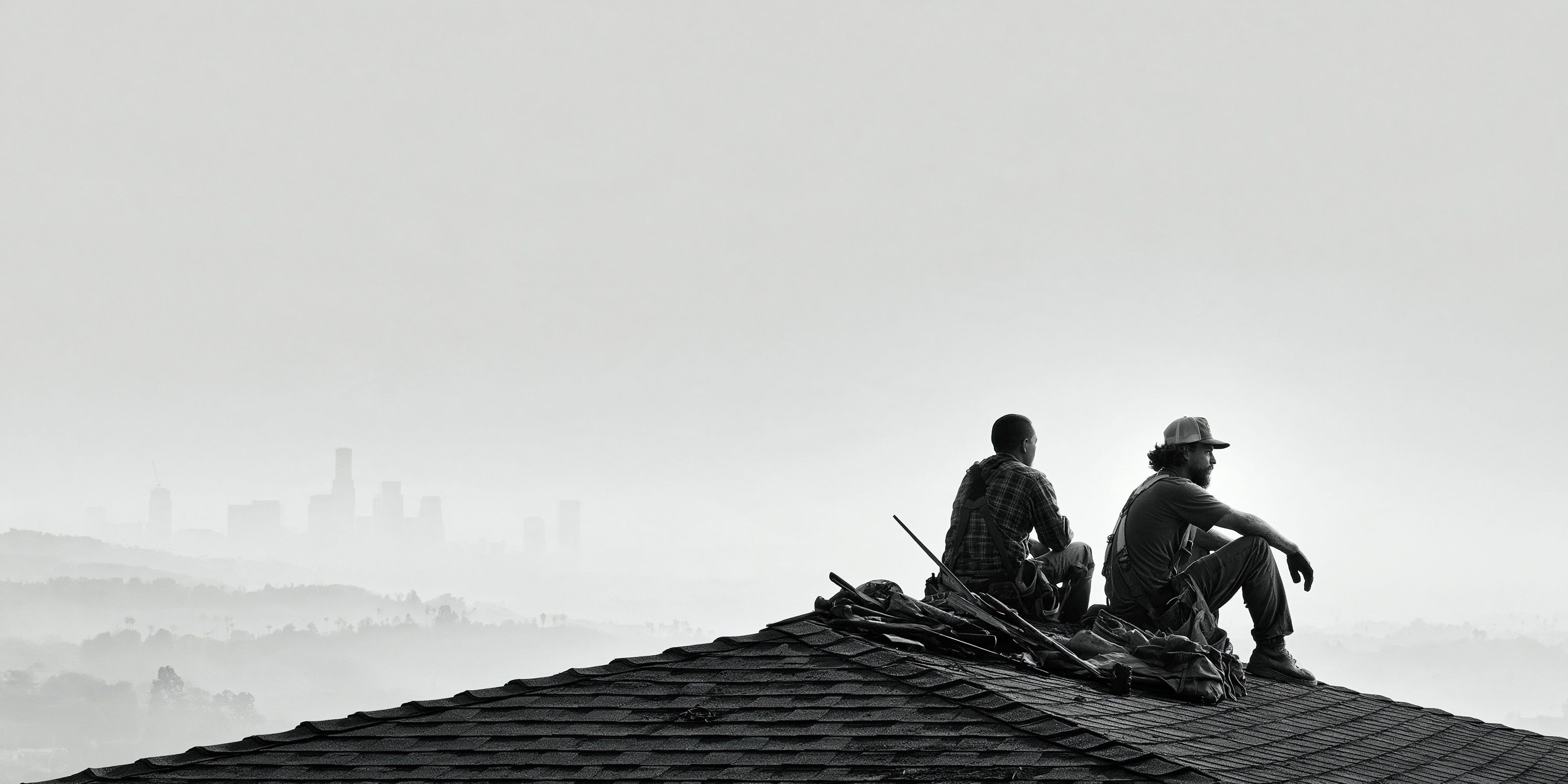 Two roofers sit on a shingled roof looking out over a hazy city skyline