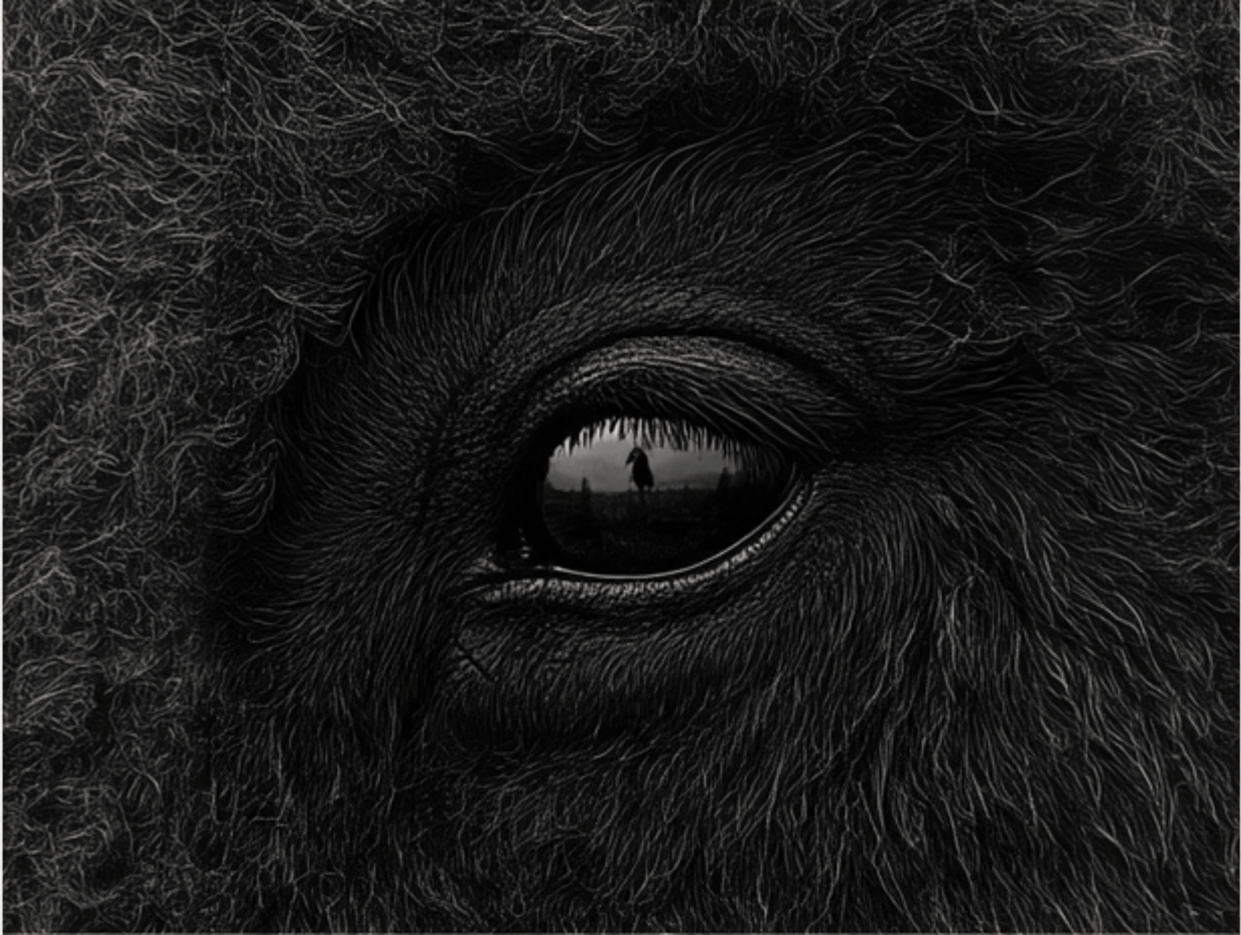 A close view of a bison’s eye, a small bird reflected in it.