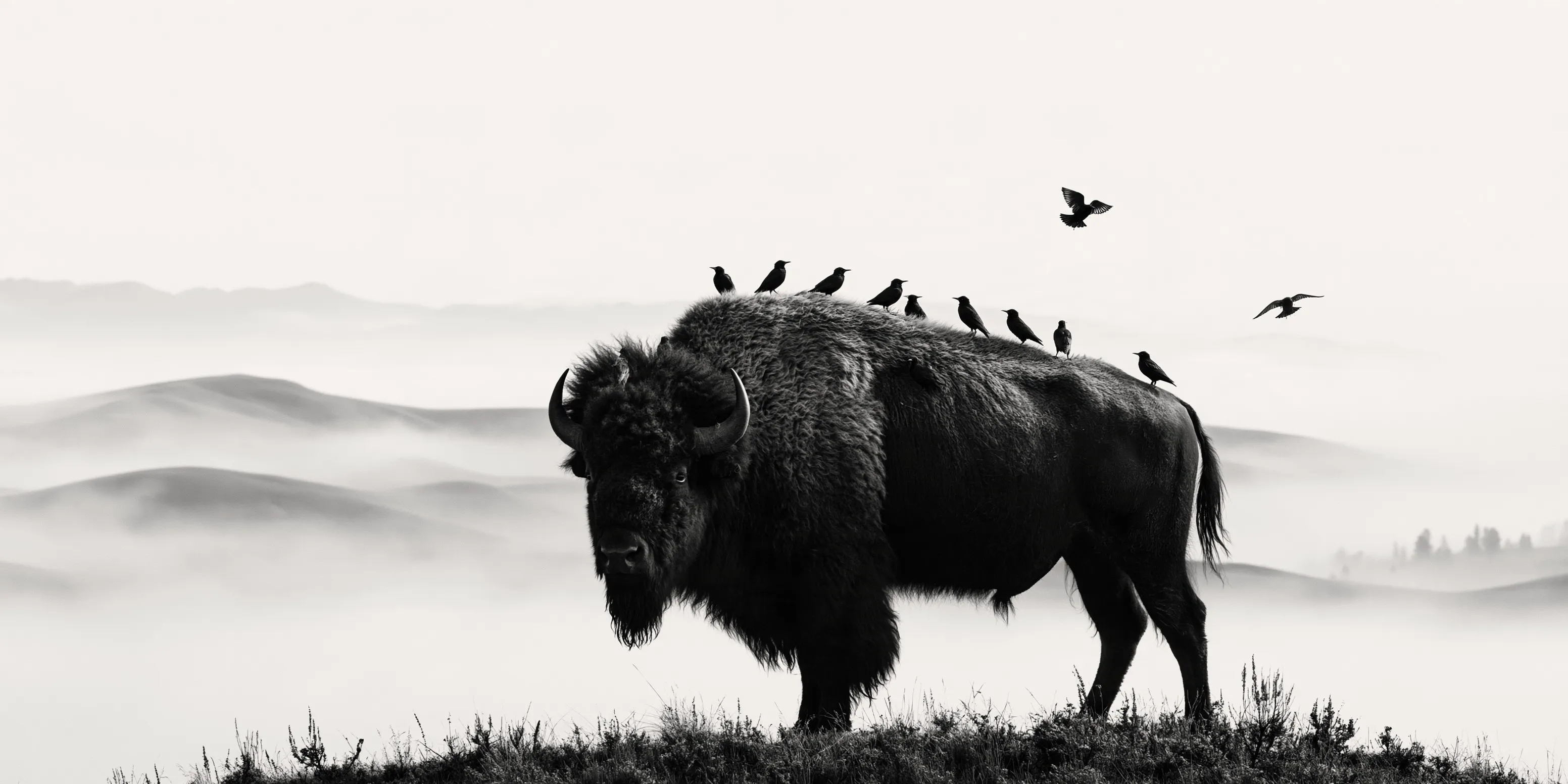 A bison standing on a grassy rise above fogged hills, looking at the camera; a row of small birds along its back, two more in flight.