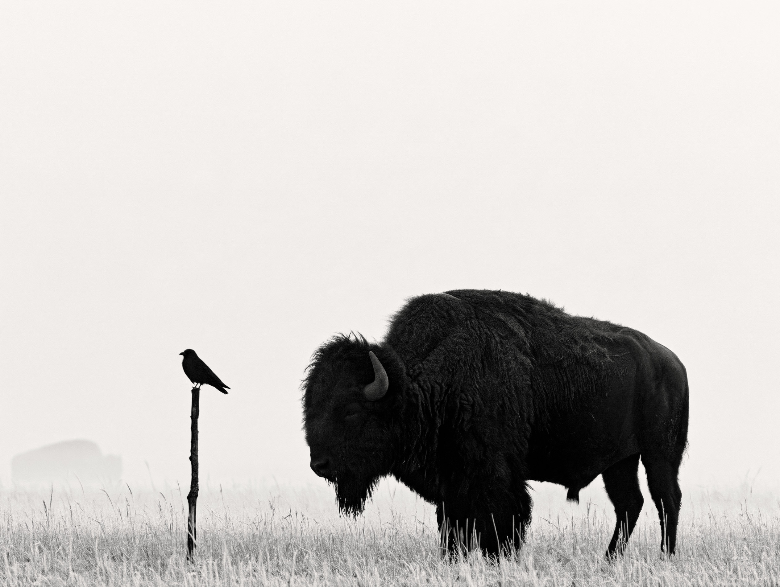 A bison stands in a field of pale grass facing a bird perched on a post