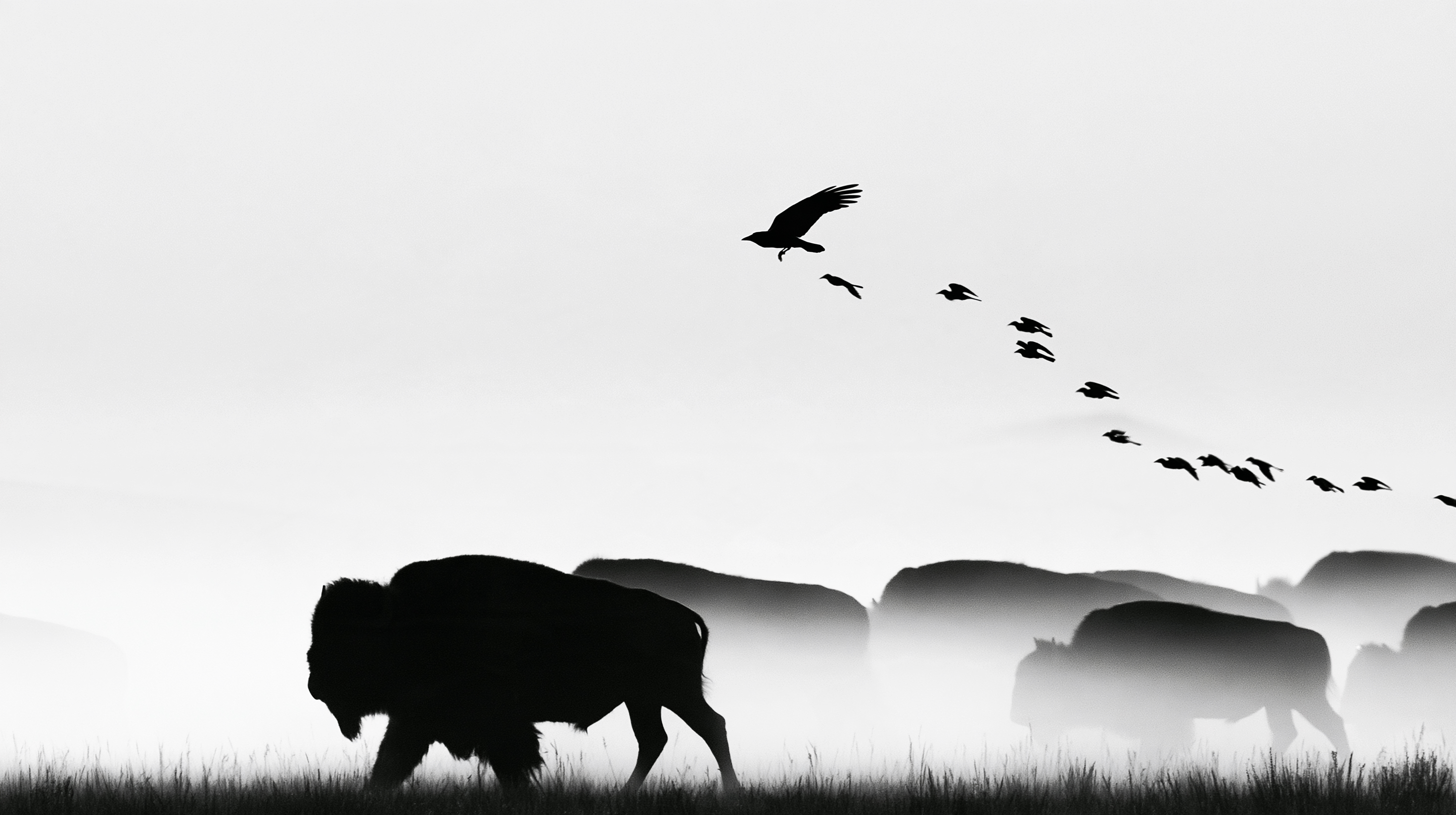 A bison standing broadside in tall grass; a bird perched on a bare post beside it; another bison faint in the fog behind.