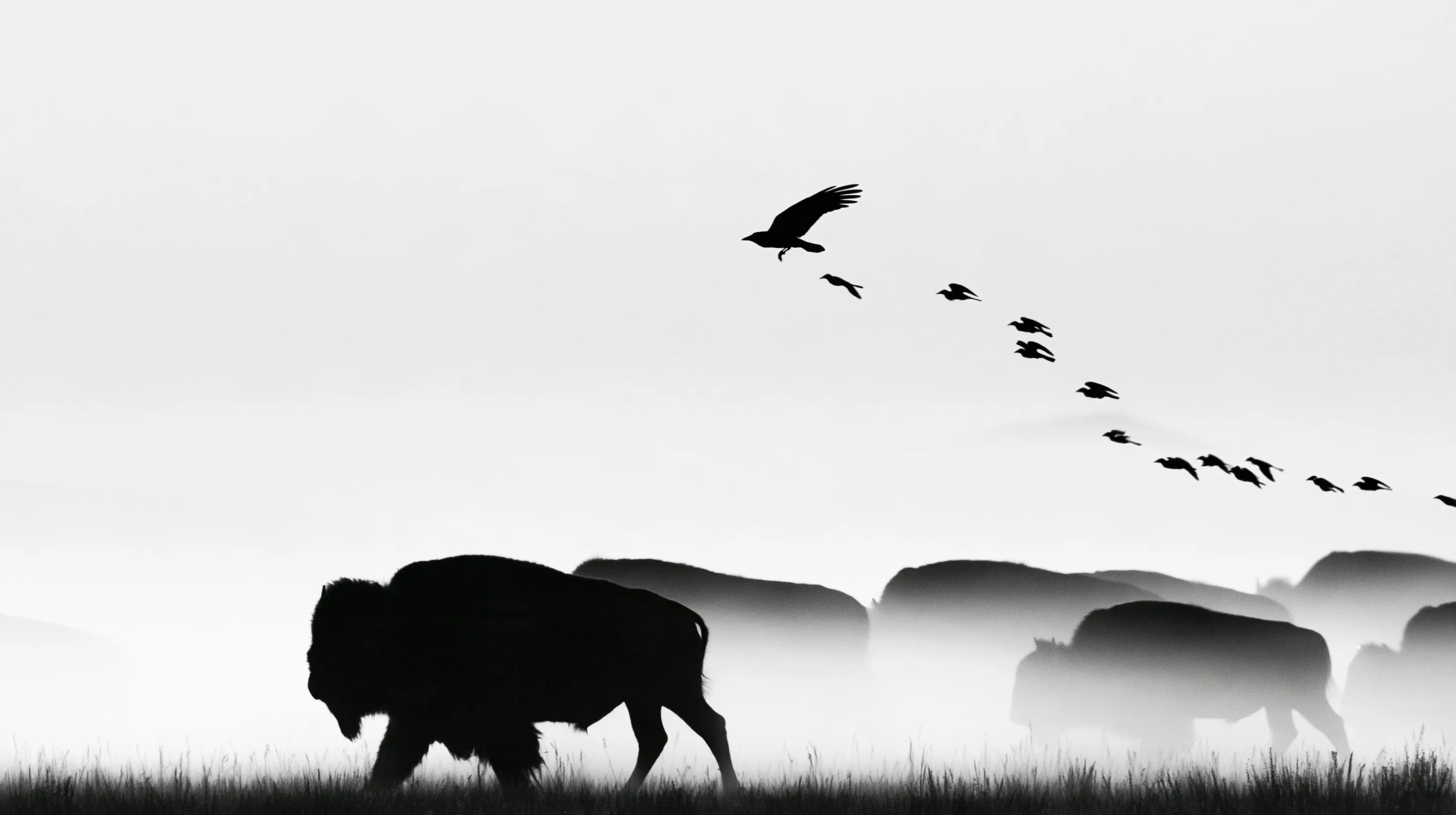 A bison standing broadside in tall grass; a bird perched on a bare post beside it; another bison faint in the fog behind.