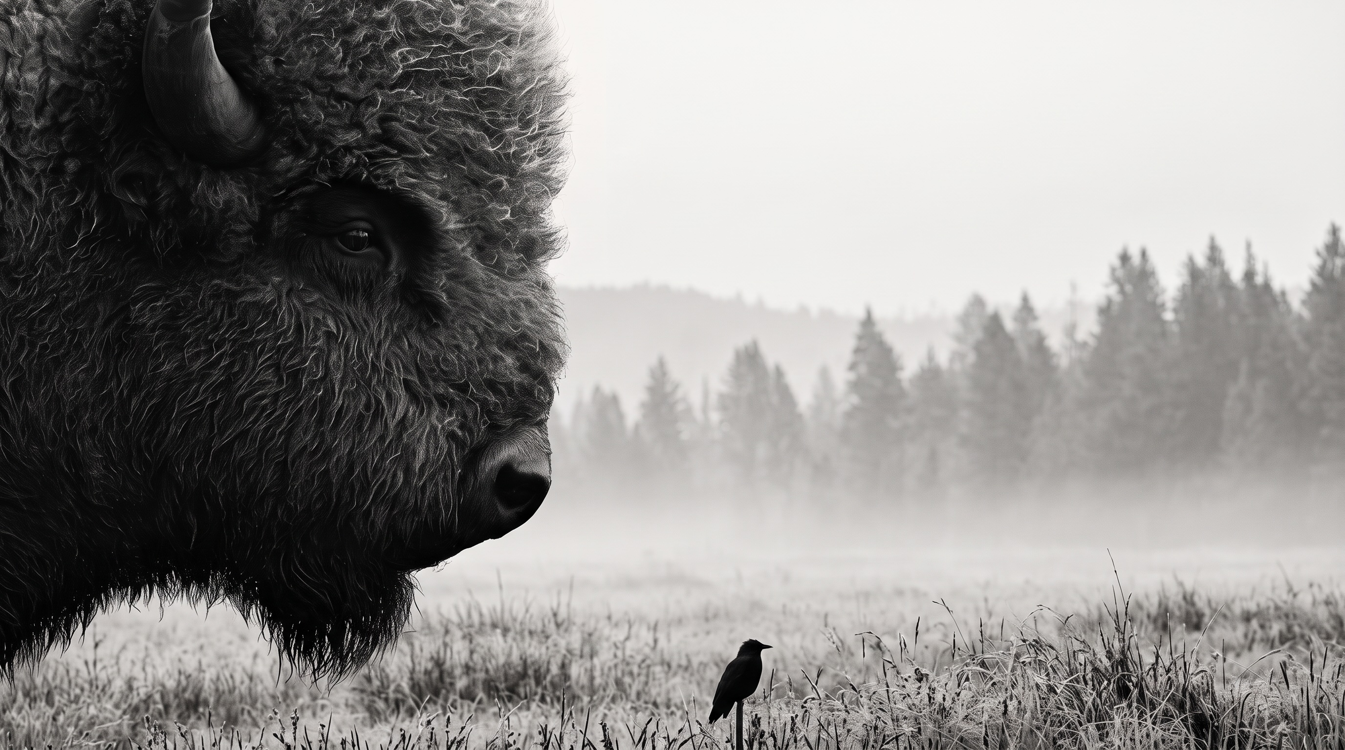Close-up of a bison in profile in misty prairie grass, with a small bird standing in the foreground and pine trees fading into fog.