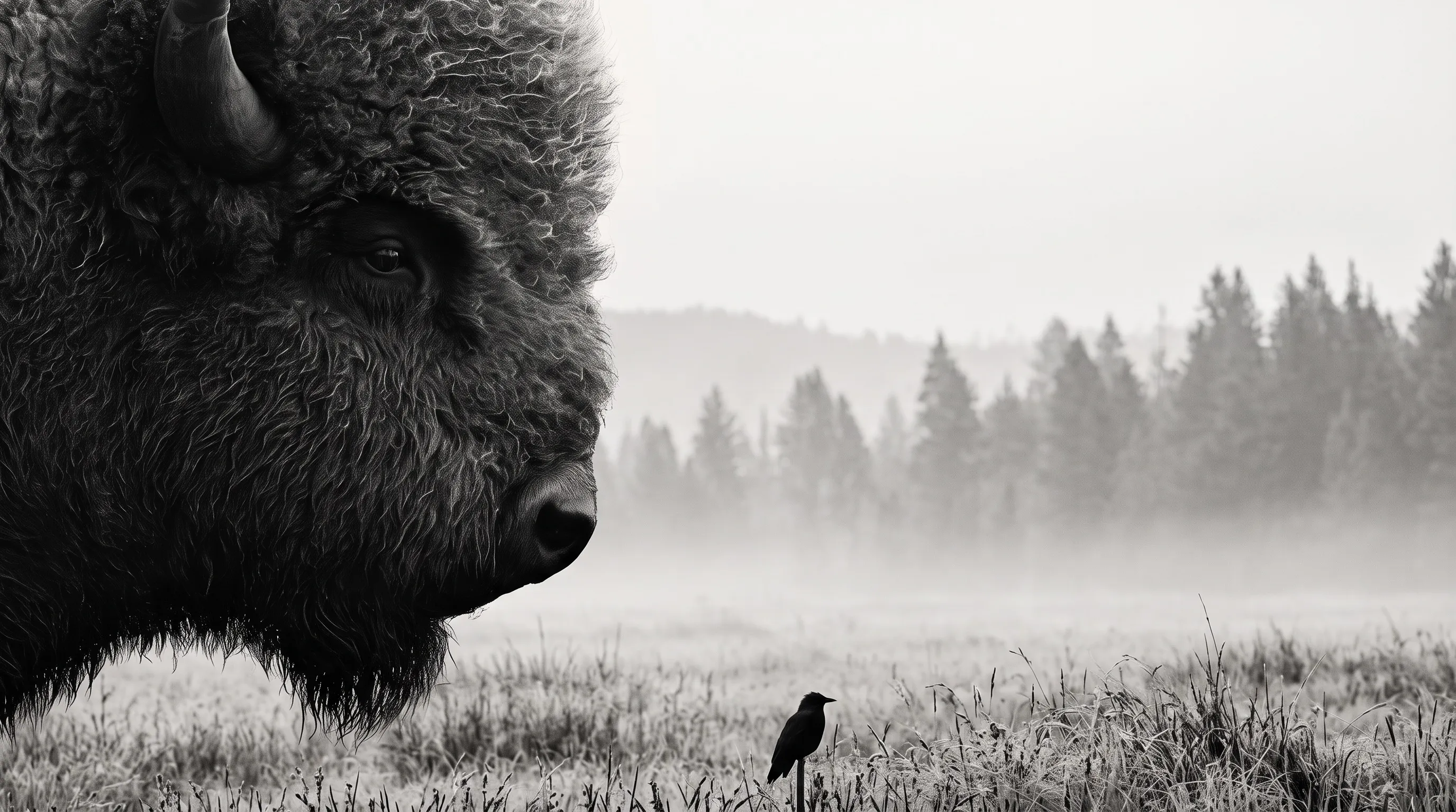 Close-up of a bison in profile in misty prairie grass, with a small bird standing in the foreground and pine trees fading into fog.