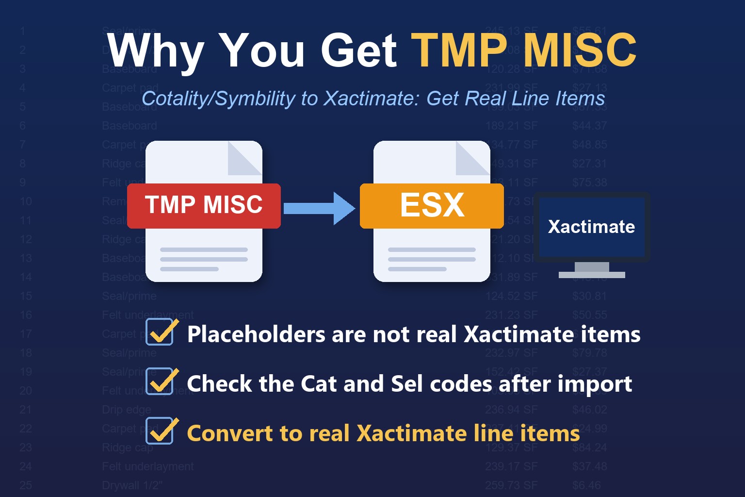Why Cotality/Symbility conversions return TMP MISC placeholder line items instead of real Xactimate line items